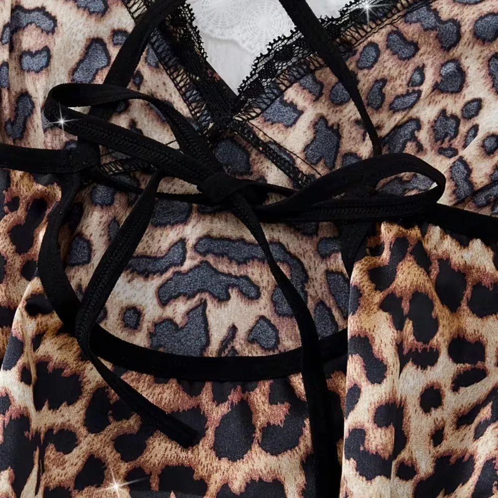 Roselle Wild Luxe Leopard Satin Nightwear Set | 2-Piece Lace Robe & Slip Dress