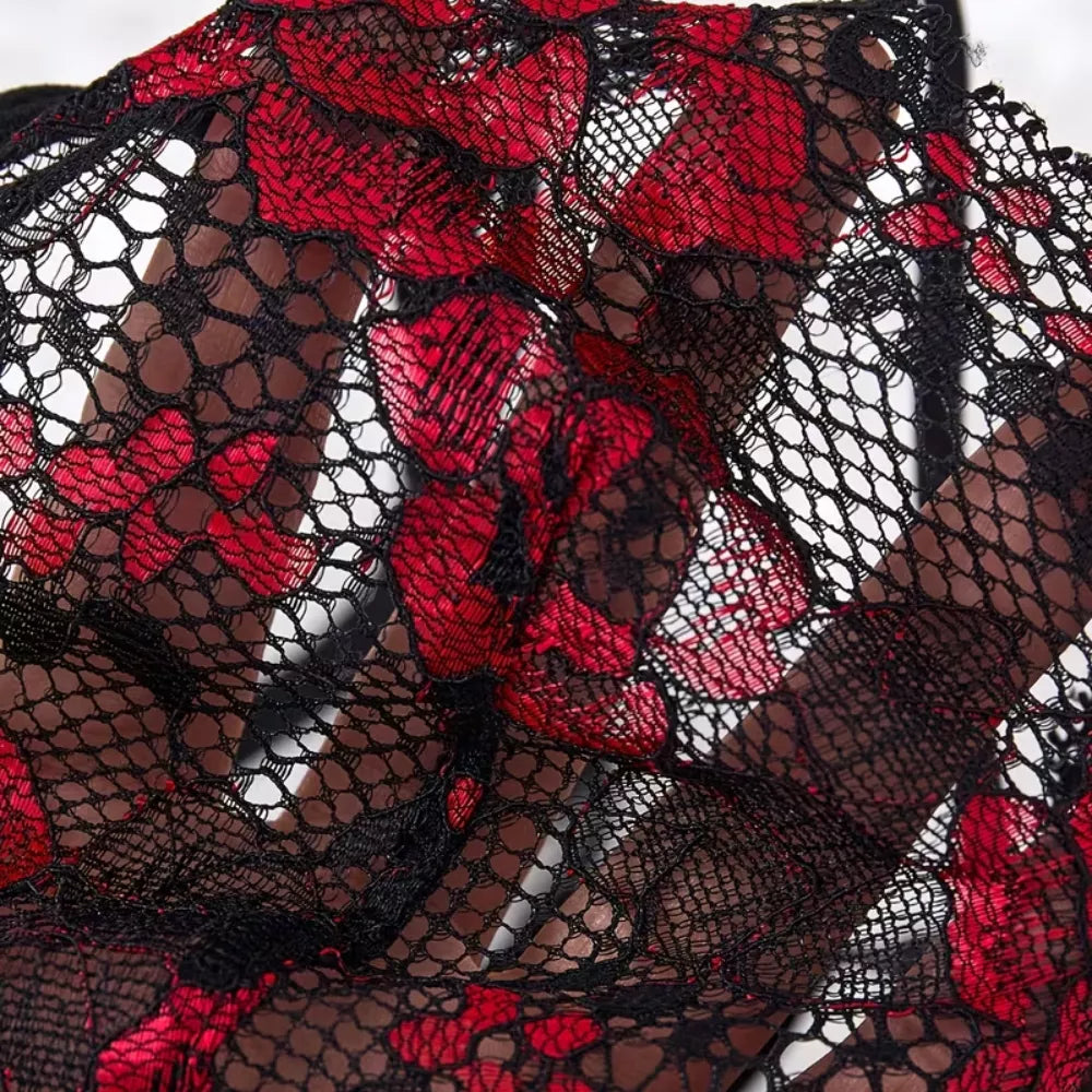 Roselle Midnight Rose Lace Babydoll Set | Black & Red Mesh Nightdress with Matching Thong
