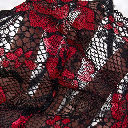 Roselle Midnight Rose Lace Babydoll Set | Black & Red Mesh Nightdress with Matching Thong