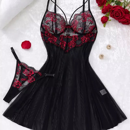 Roselle Midnight Rose Lace Babydoll Set | Black & Red Mesh Nightdress with Matching Thong