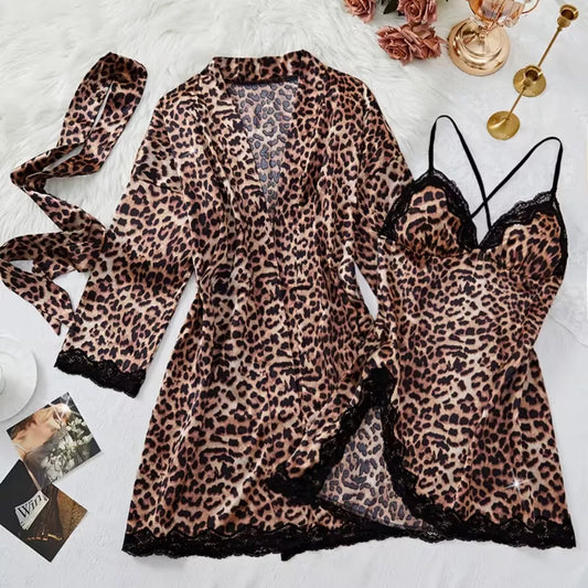 Roselle Wild Luxe Leopard Satin Nightwear Set | 2-Piece Lace Robe & Slip Dress