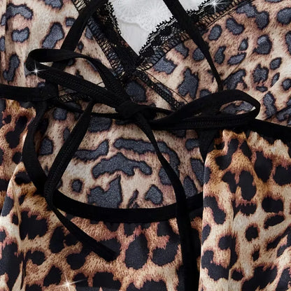 Roselle Wild Luxe Leopard Satin Nightwear Set | 2-Piece Lace Robe & Slip Dress