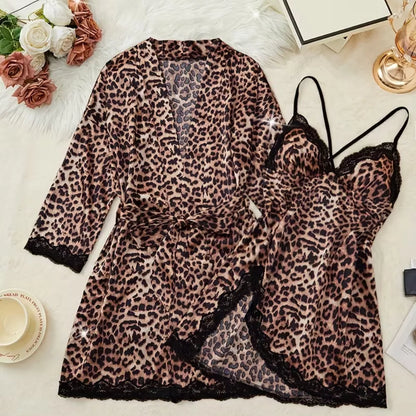 Roselle Wild Luxe Leopard Satin Nightwear Set | 2-Piece Lace Robe & Slip Dress