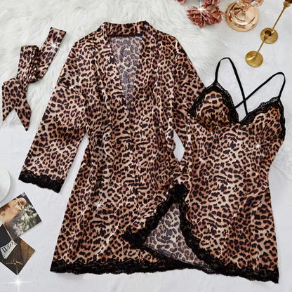 Roselle Wild Luxe Leopard Satin Nightwear Set | 2-Piece Lace Robe & Slip Dress