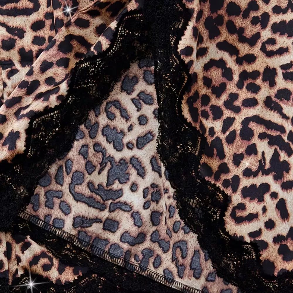 Roselle Wild Luxe Leopard Satin Nightwear Set | 2-Piece Lace Robe & Slip Dress