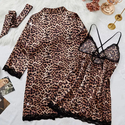Roselle Wild Luxe Leopard Satin Nightwear Set | 2-Piece Lace Robe & Slip Dress