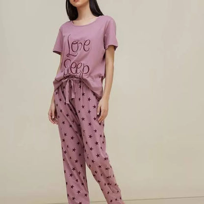 Roselle Love Sleep Cotton Night Suit | Women's 2-Piece Printed T-Shirt & Pajama Set