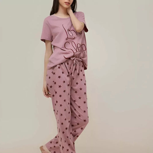 Roselle Love Sleep Cotton Night Suit | Women's 2-Piece Printed T-Shirt & Pajama Set