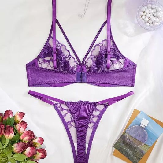 Roselle Elegant Embroidered Underwired Bra & Brief Set – Deep Purple