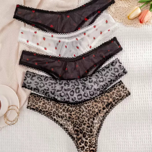Roselle 5-Pack Printed Mesh Low-Rise Thong Panties for Women | Soft Everyday Briefs
